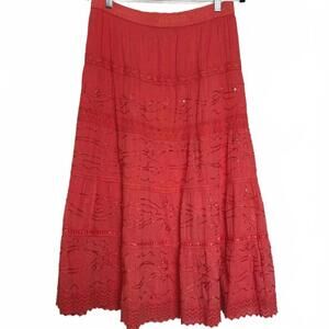 Vintage Coral Embroidered Tiered Peasant Skirt
